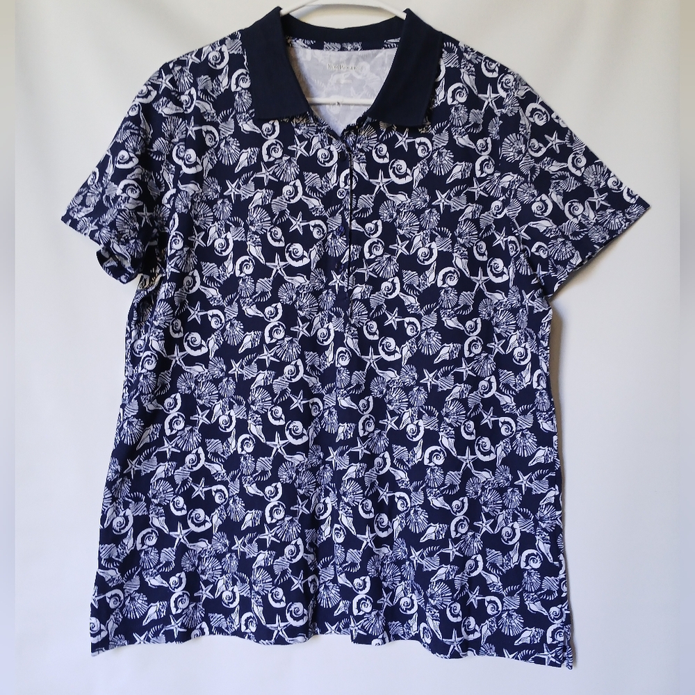 Kim Rogers Womens Shirt Size L Navy/White Sea Shells Starfish Themed